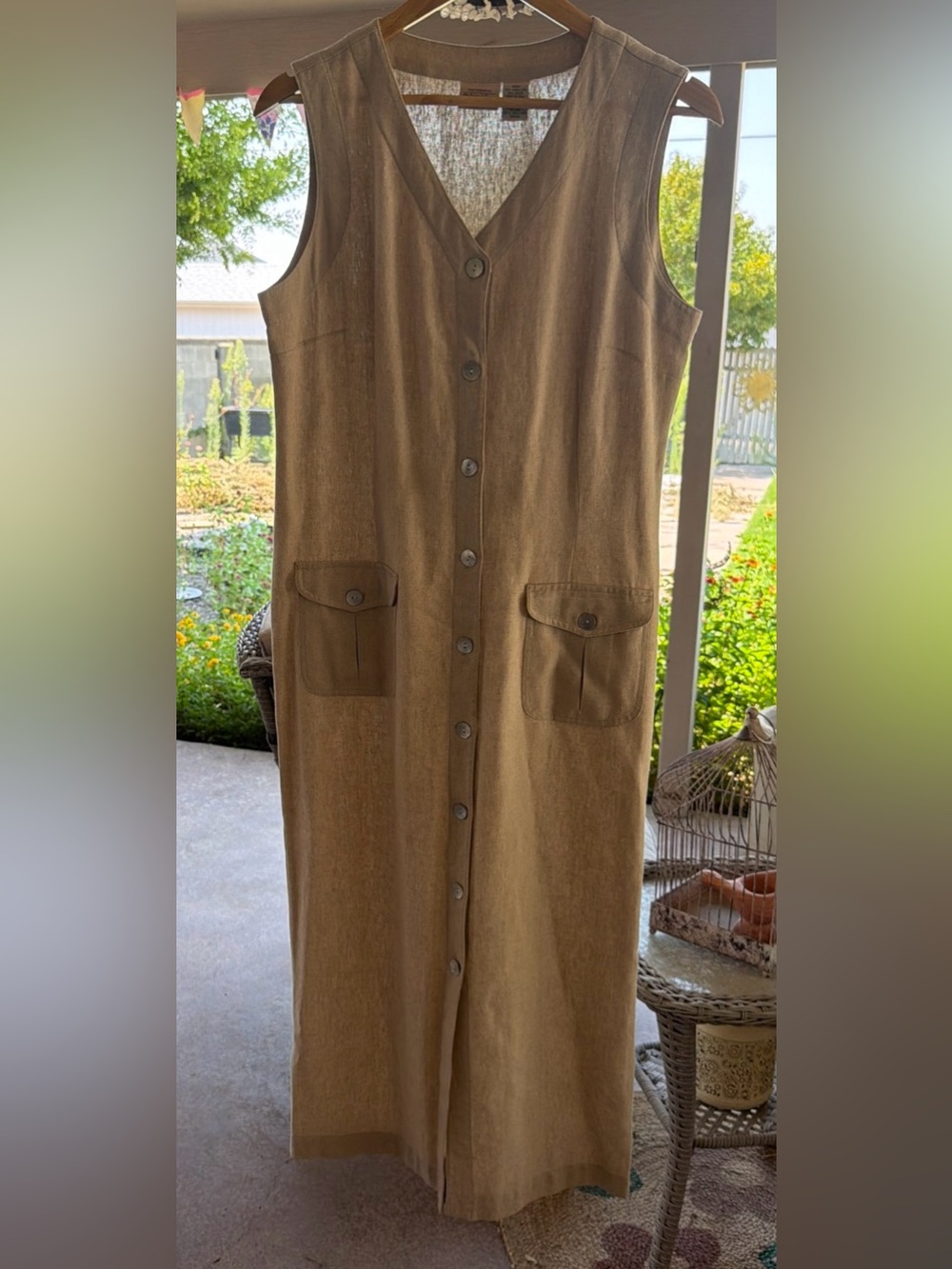 St. John's Bay Sleeveless Button-Front Dress in Tan Linen Blend